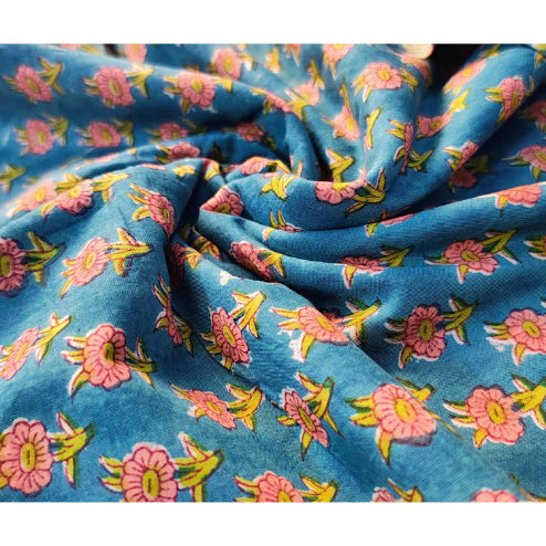 Handmade Bagru Print Textile –  Green Floral Print Cotton Material