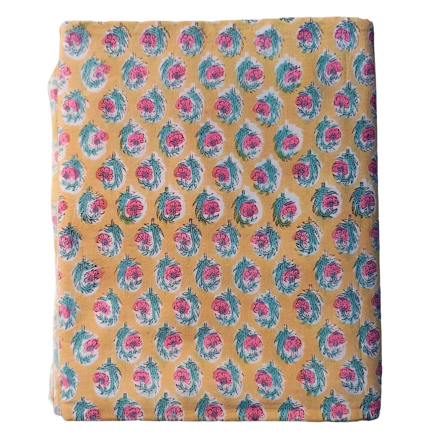 Handmade Bagru Print Textile –  Yellow Floral Print Cotton Material