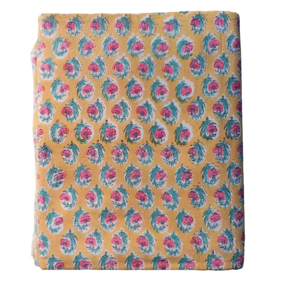 Sanganeri Hand Block Print Cotton Fabric – Yellow Floral Print
