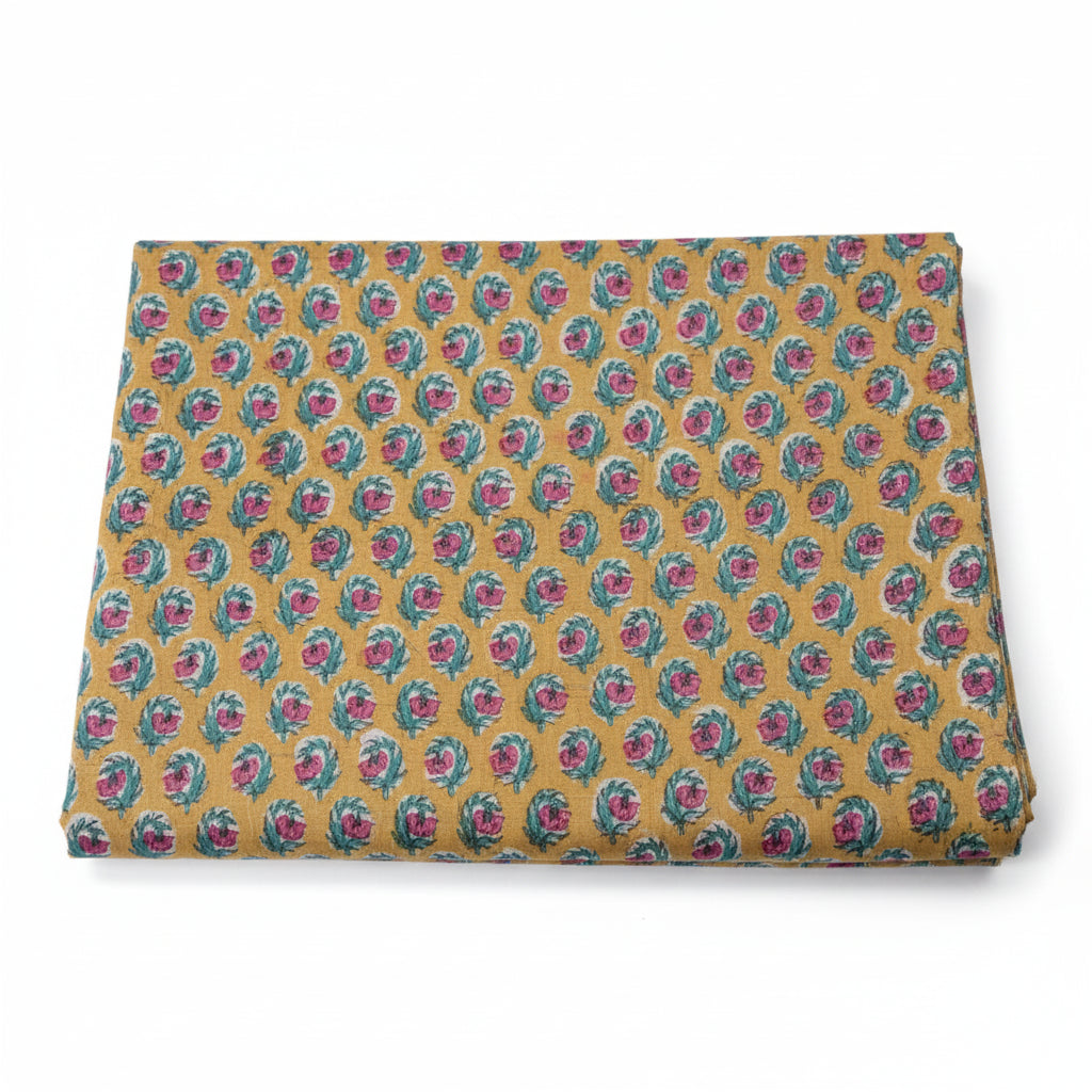 Sanganeri Hand Block Print Cotton Fabric – Yellow Floral Print