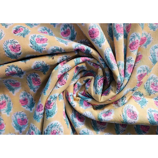 Handmade Bagru Print Textile –  Yellow Floral Print Cotton Material