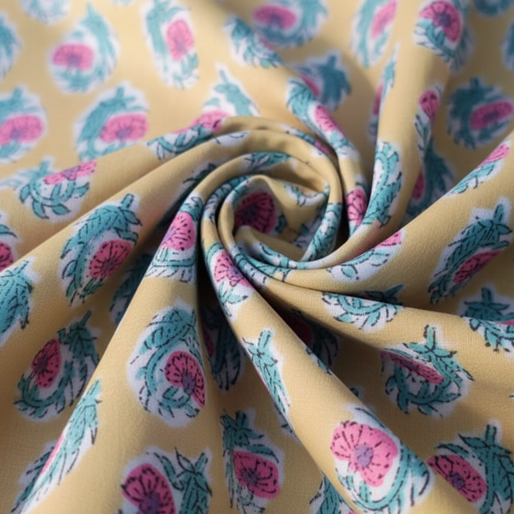 Sanganeri Hand Block Print Cotton Fabric – Yellow Floral Print