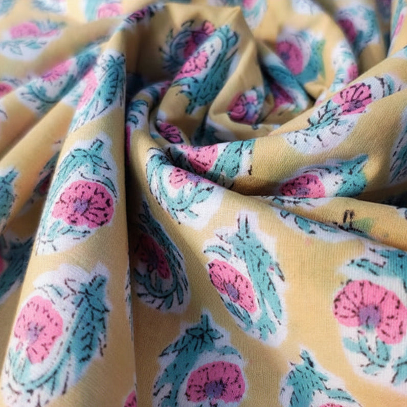 Sanganeri Hand Block Print Cotton Fabric – Yellow Floral Print