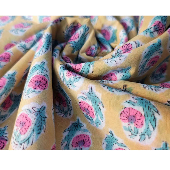 Handmade Bagru Print Textile –  Yellow Floral Print Cotton Material
