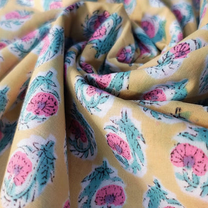 Sanganeri Hand Block Print Cotton Fabric – Yellow Floral Print