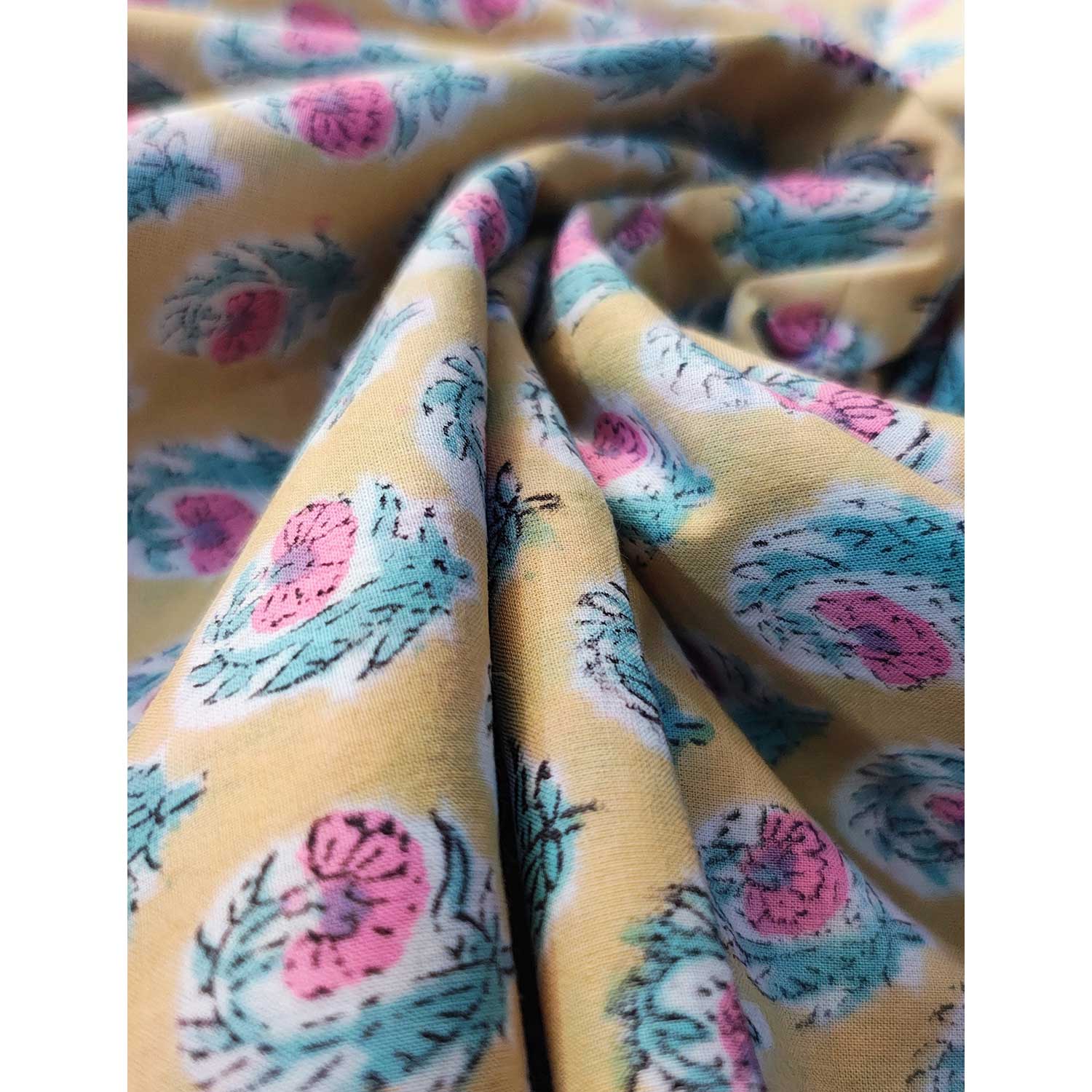 Handmade Bagru Print Textile –  Yellow Floral Print Cotton Material