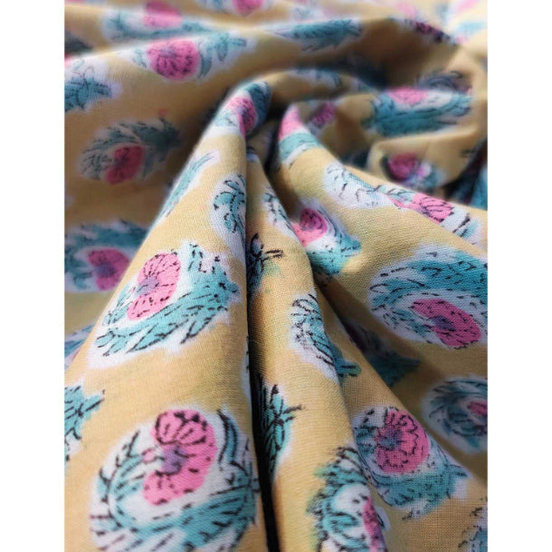Handmade Bagru Print Textile –  Yellow Floral Print Cotton Material