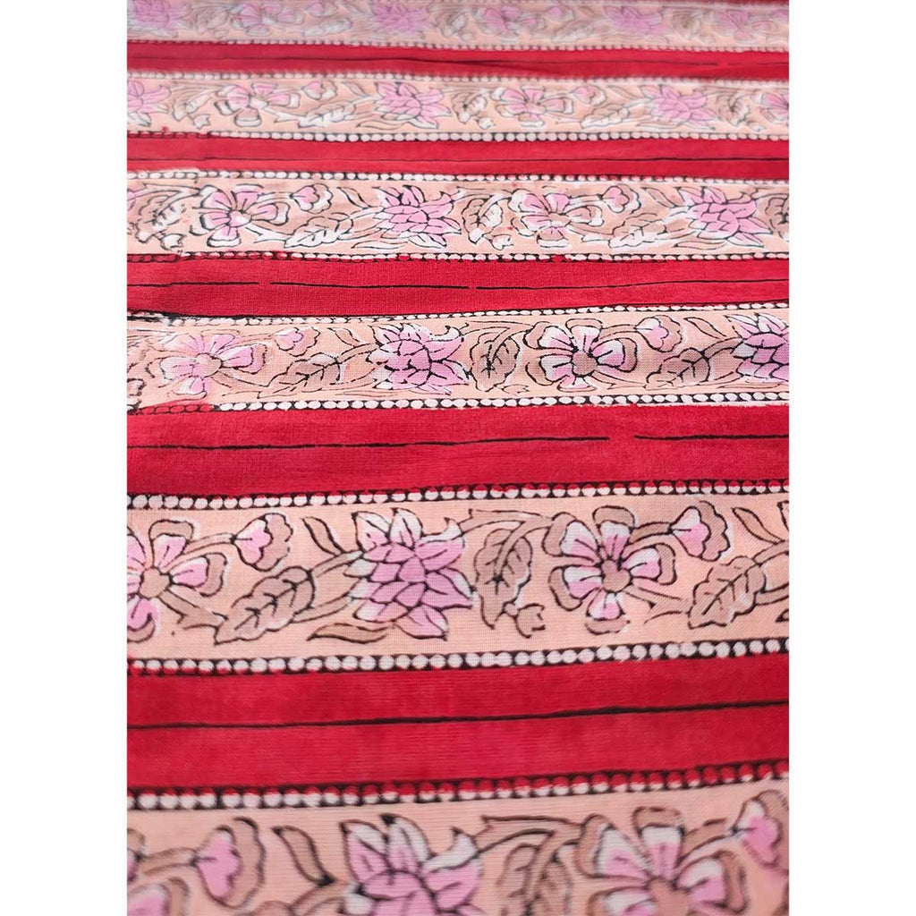 Handmade Bagru Print Textile –  Red And Peach Floral Print Cotton Material