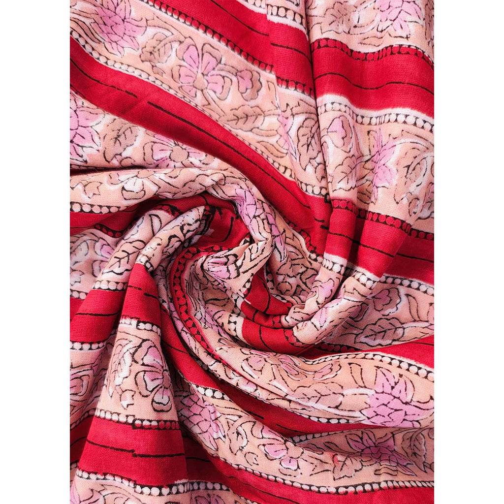 Handmade Bagru Print Textile –  Red And Peach Floral Print Cotton Material