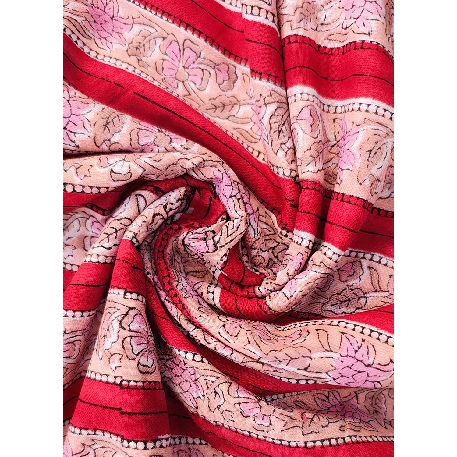 Handmade Bagru Print Textile –  Red And Peach Floral Print Cotton Material