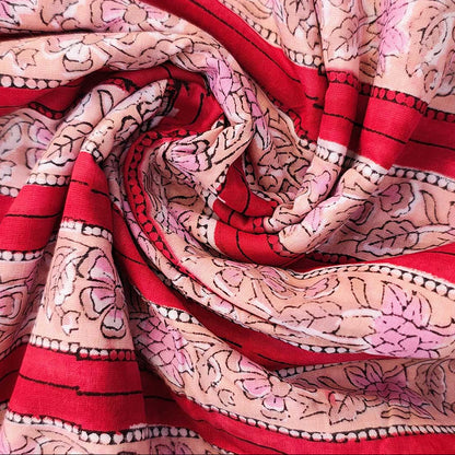 Sanganeri Hand Block Print Cotton Fabric – Red And Peach Floral Print