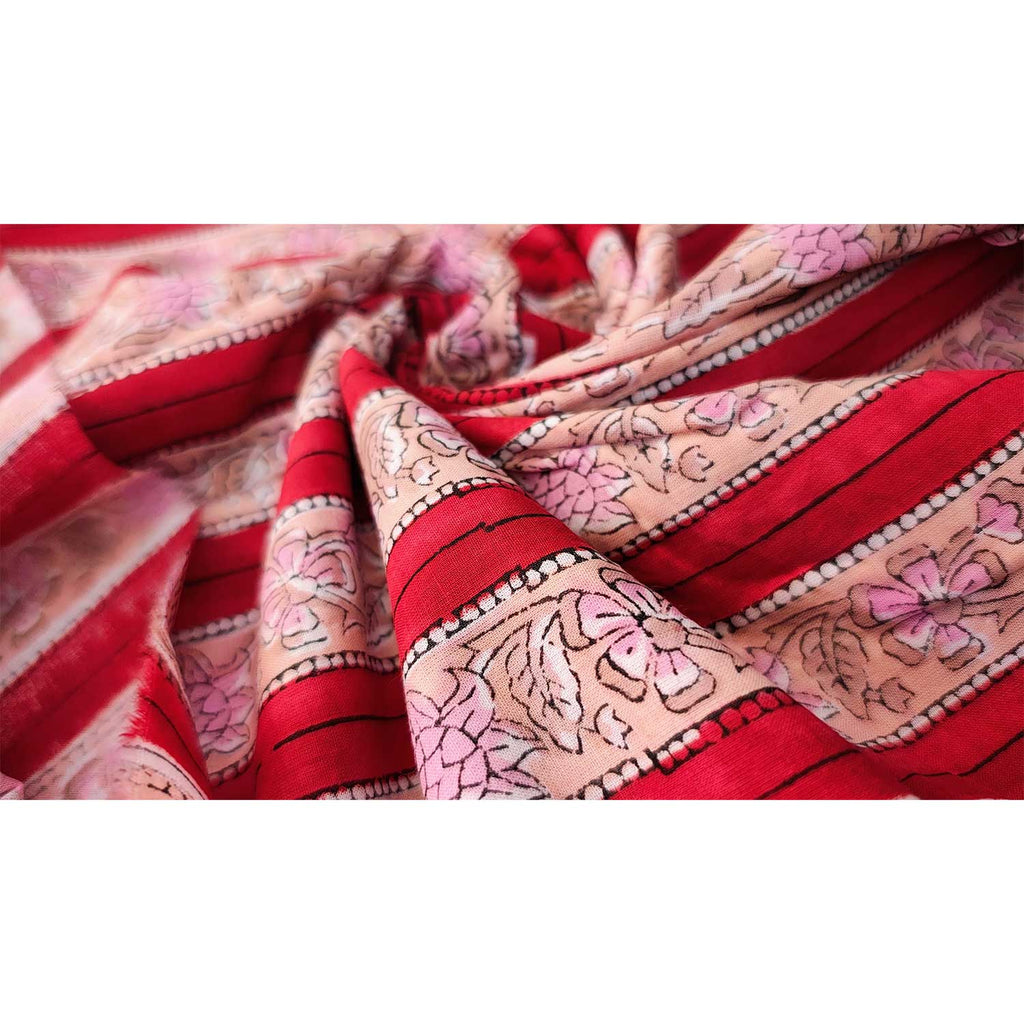 Handmade Bagru Print Textile –  Red And Peach Floral Print Cotton Material