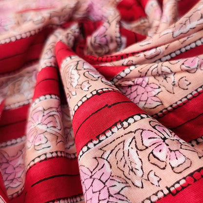 Sanganeri Hand Block Print Cotton Fabric – Red And Peach Floral Print