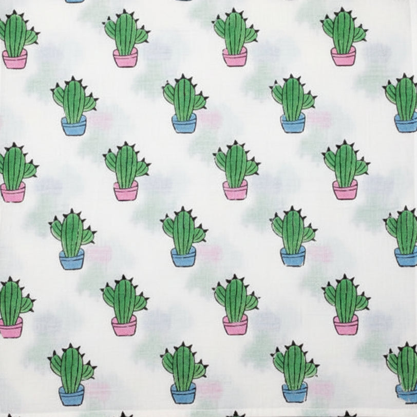 Sanganeri Hand Block Print Cotton Fabric – White Cactus Print