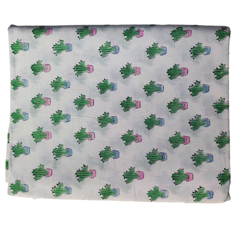 Handmade Bagru Print Textile –  White Cactus Print Cotton Material