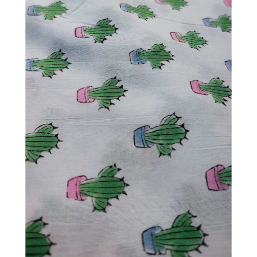 Sanganeri Hand Block Print Cotton Fabric – White Cactus Print