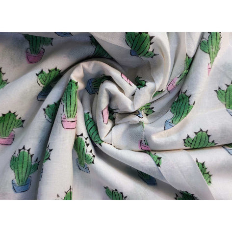 Handmade Bagru Print Textile –  White Cactus Print Cotton Material