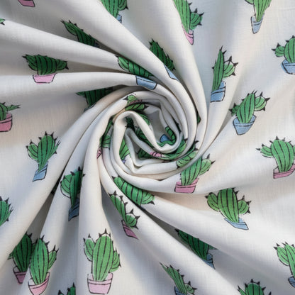 Sanganeri Hand Block Print Cotton Fabric – White Cactus Print