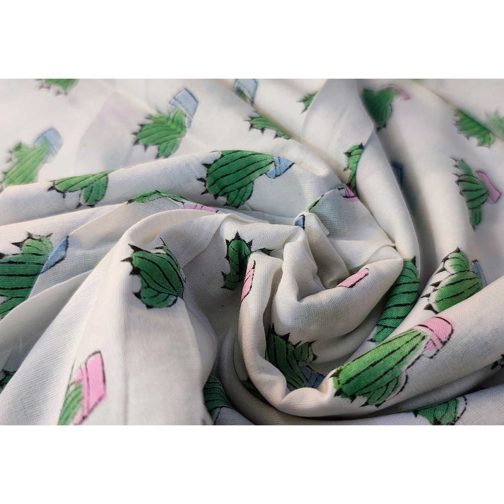 Handmade Bagru Print Textile –  White Cactus Print Cotton Material