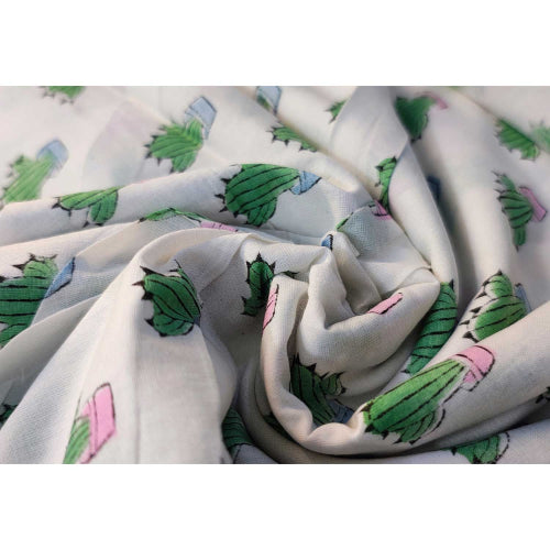 Handmade Bagru Print Textile –  White Cactus Print Cotton Material