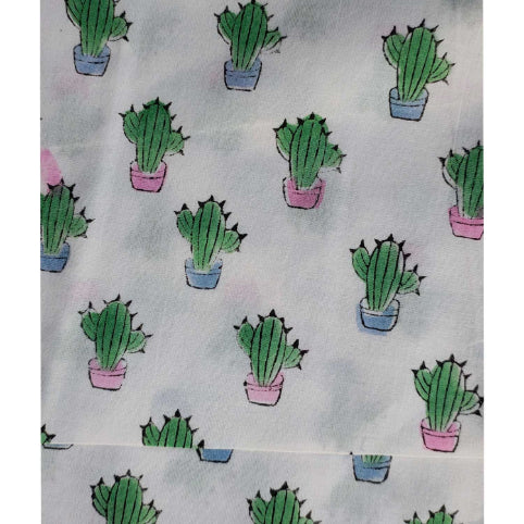 Sanganeri Hand Block Print Cotton Fabric – White Cactus Print