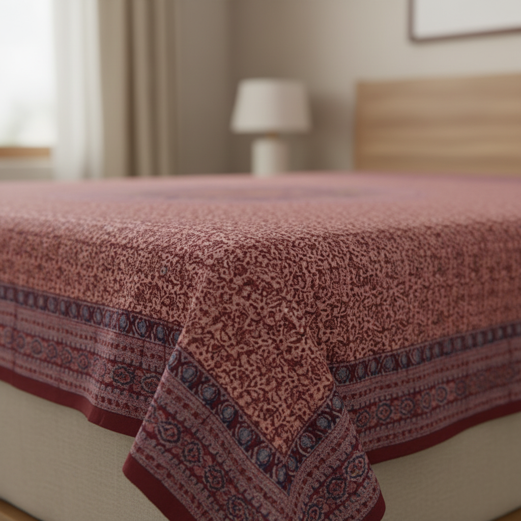 Kalamkari Block Printed Cotton Bedsheet with Floral and Traditional Motifs