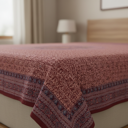 Kalamkari Block Printed Cotton Bedsheet with Floral and Traditional Motifs