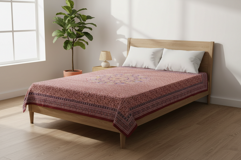 Kalamkari Block Printed Cotton Bedsheet with Floral and Traditional Motifs