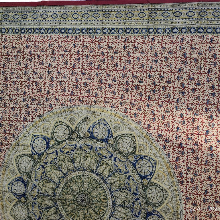 Kalamkari Block Printed Cotton Bedsheet with Floral and Traditional Motifs