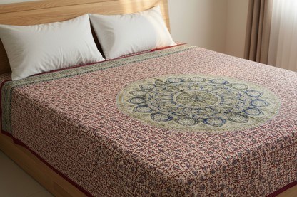 Kalamkari Block Printed Cotton Bedsheet with Floral and Traditional Motifs