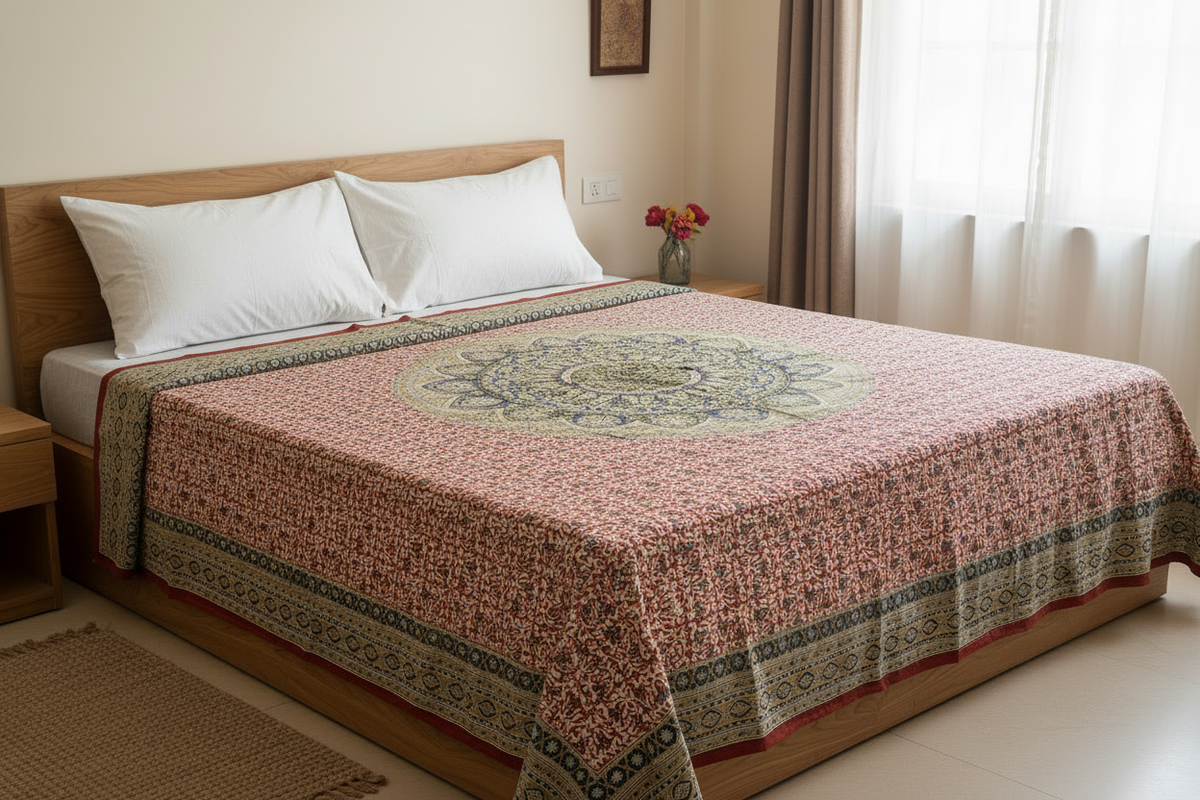 Kalamkari Block Printed Cotton Bedsheet with Floral and Traditional Motifs