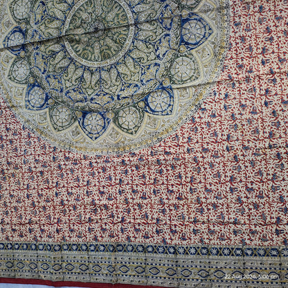 Kalamkari Block Printed Cotton Bedsheet with Floral and Traditional Motifs