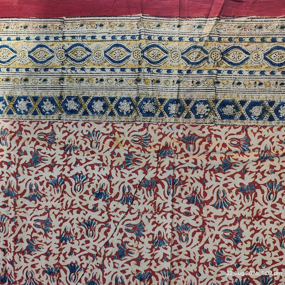 Kalamkari Block Printed Cotton Bedsheet with Floral and Traditional Motifs
