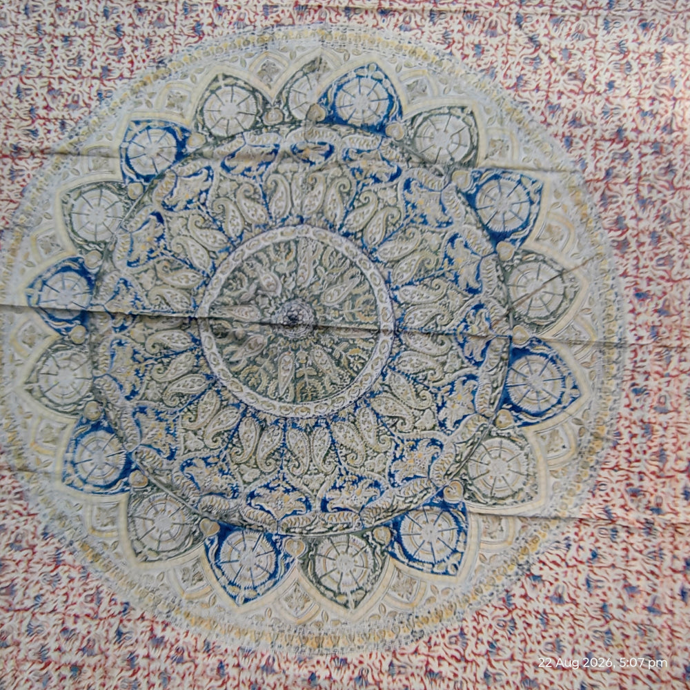 Kalamkari Block Printed Cotton Bedsheet with Floral and Traditional Motifs