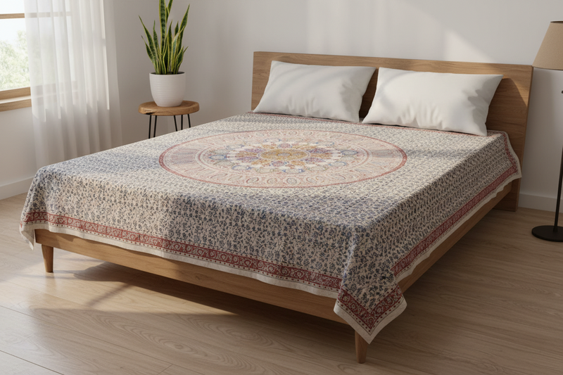 Kalamkari Block Printed Cotton Bedsheet with Floral and Traditional Motifs