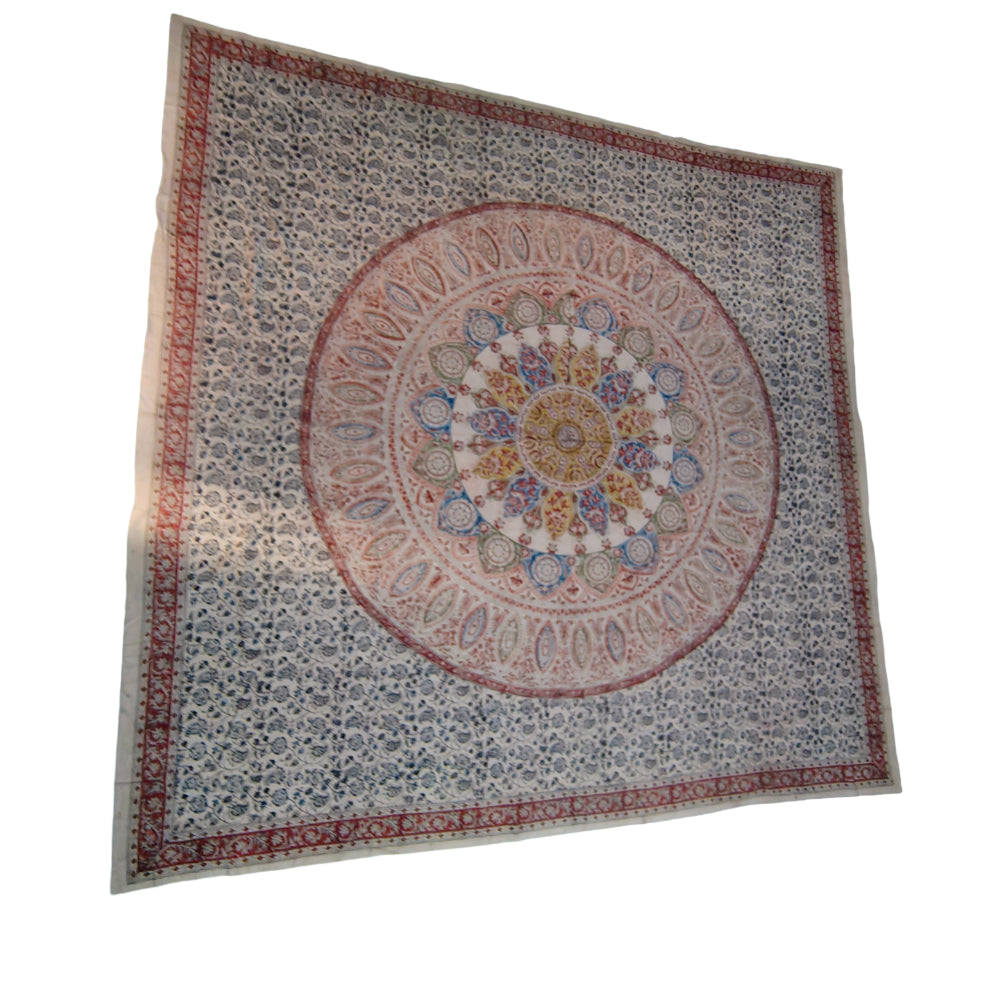 Kalamkari Block Printed Cotton Bedsheet with Floral and Traditional Motifs
