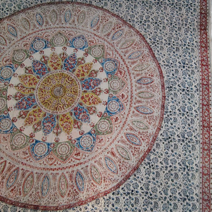 Kalamkari Block Printed Cotton Bedsheet with Floral and Traditional Motifs
