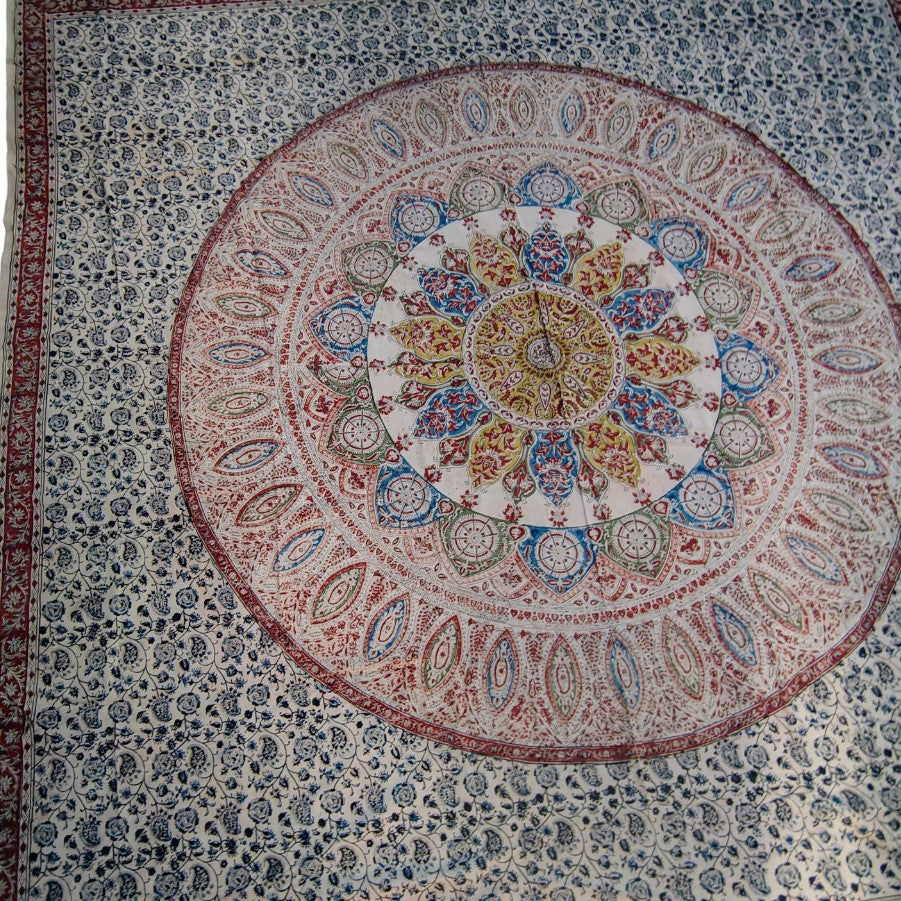 Kalamkari Block Printed Cotton Bedsheet with Floral and Traditional Motifs