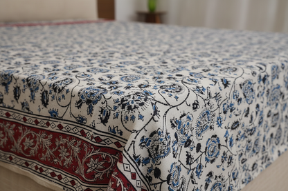 Kalamkari Block Printed Cotton Bedsheet with Floral and Traditional Motifs