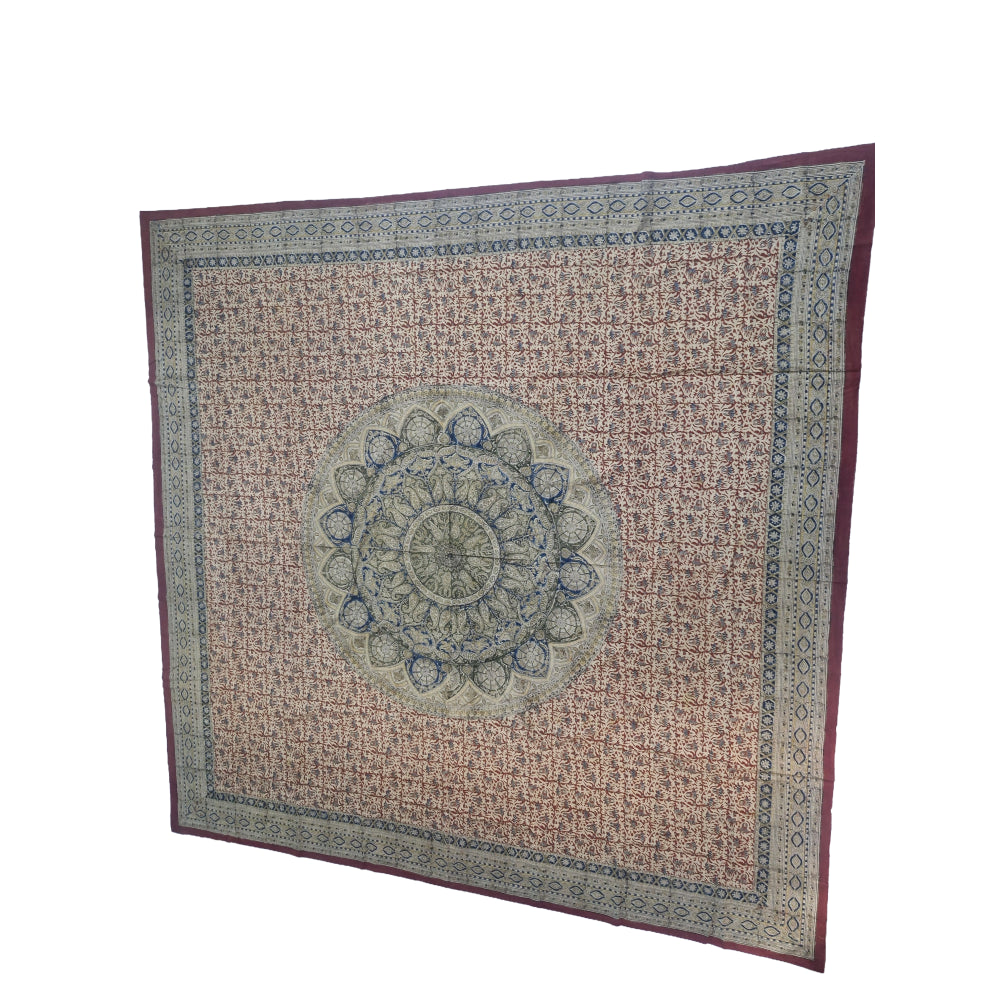 Kalamkari Block Printed Cotton Bedsheet with Floral and Traditional Motifs
