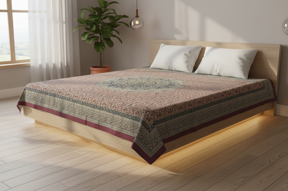 Kalamkari Block Printed Cotton Bedsheet with Floral and Traditional Motifs
