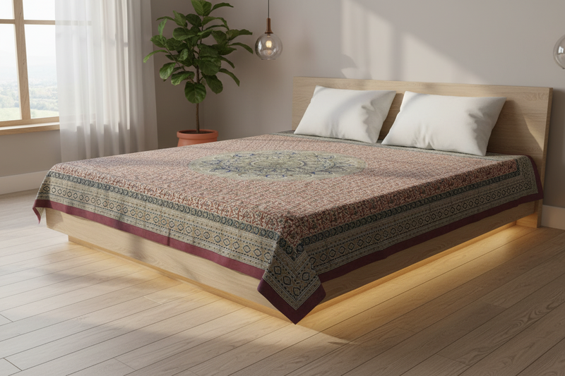 Kalamkari Block Printed Cotton Bedsheet with Floral and Traditional Motifs