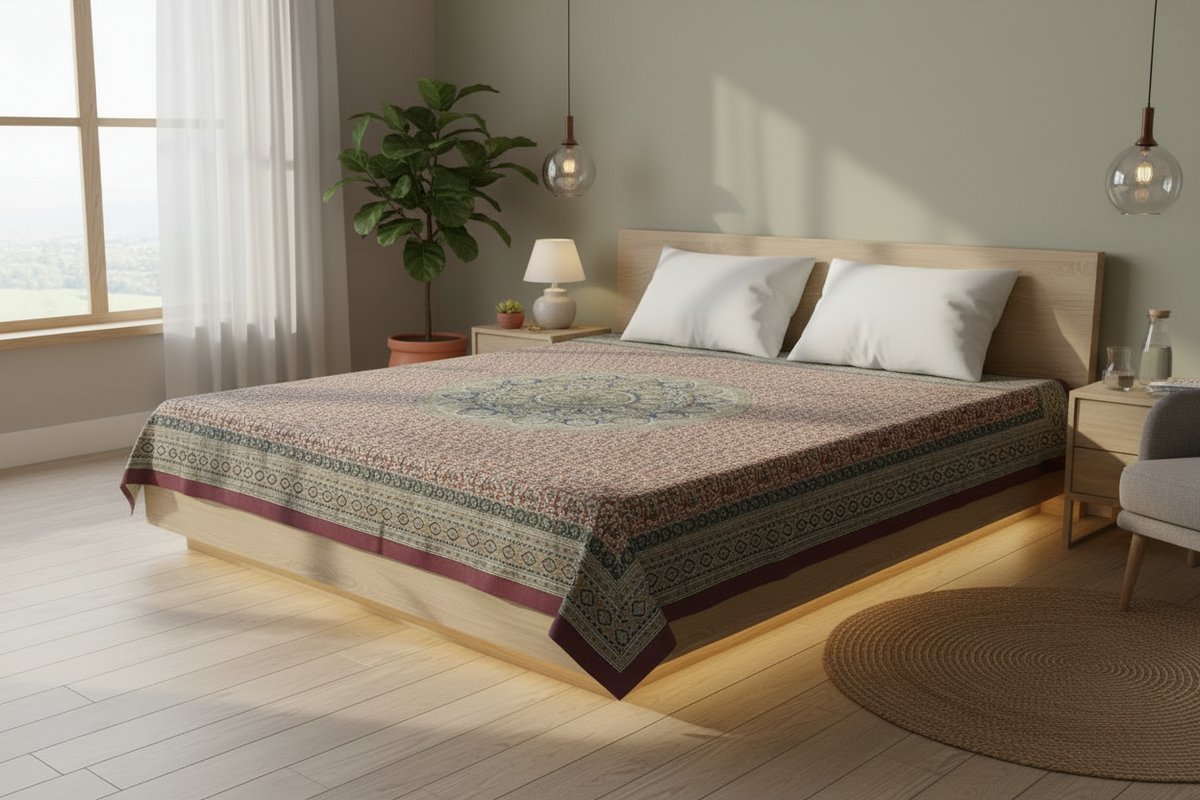 Kalamkari Block Printed Cotton Bedsheet with Floral and Traditional Motifs