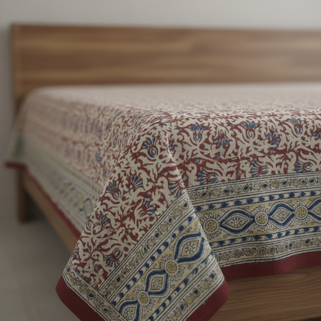 Kalamkari Block Printed Cotton Bedsheet with Floral and Traditional Motifs