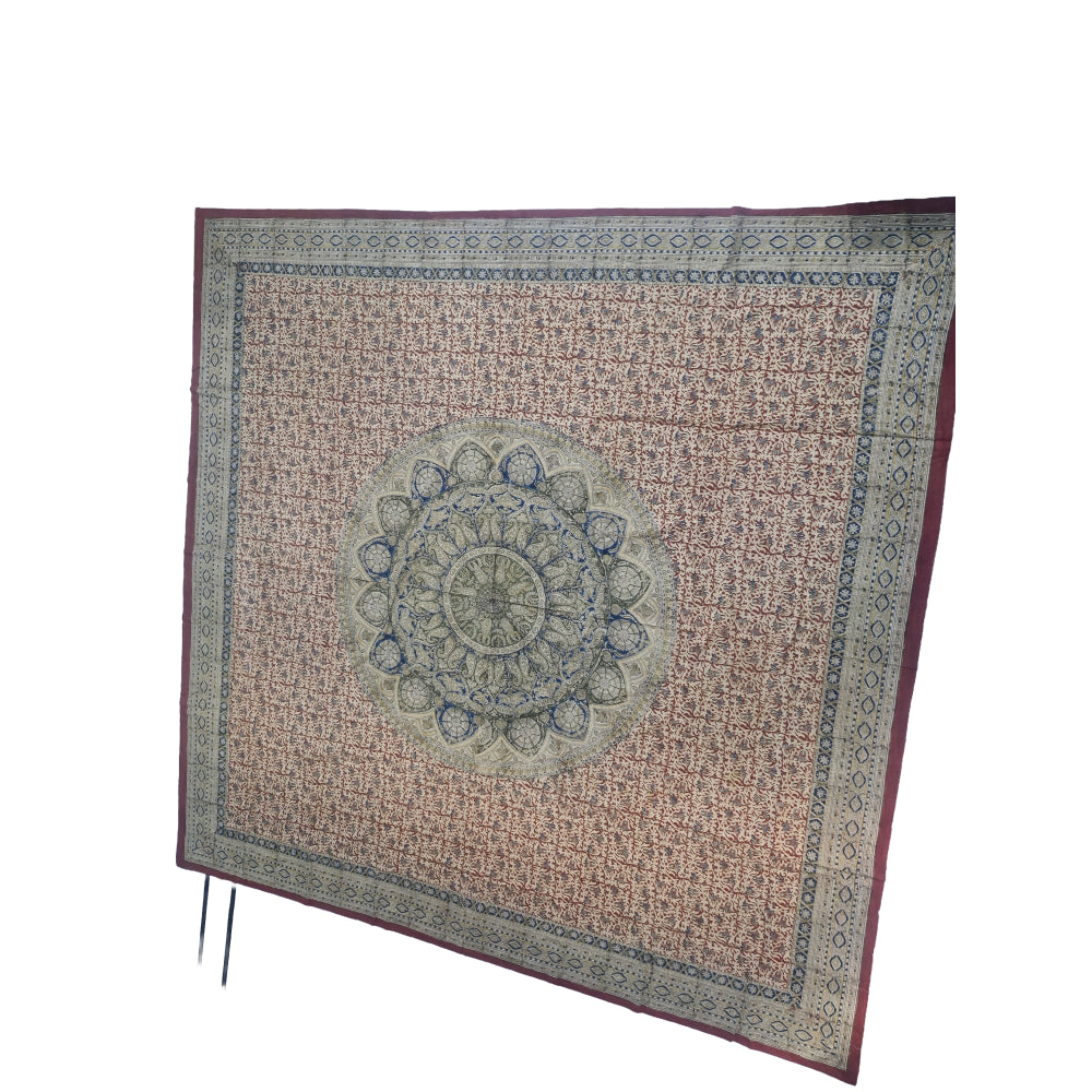 Kalamkari Block Printed Cotton Bedsheet with Floral and Traditional Motifs