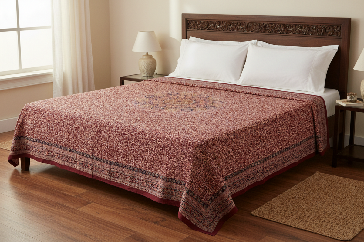 Kalamkari Block Printed Cotton Bedsheet with Floral and Traditional Motifs