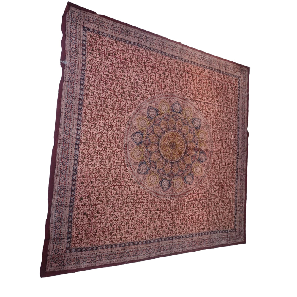 Kalamkari Block Printed Cotton Bedsheet with Floral and Traditional Motifs