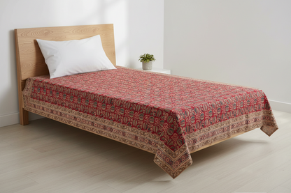 Kalamkari Haathi Red - Single Bed Bedsheet (60x90 Inches)