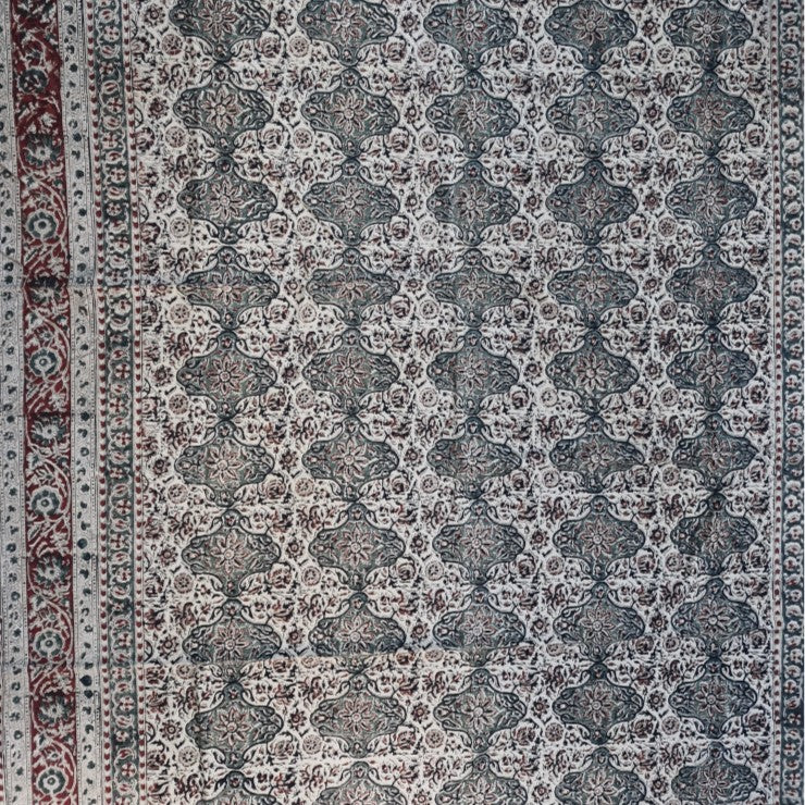 Kalamkari Block Printed Cotton Bedsheet with Floral and Traditional Motifs
