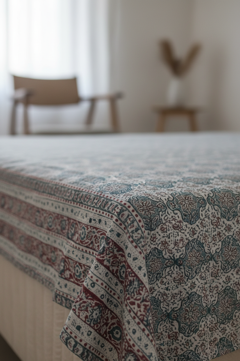 Kalamkari Block Printed Cotton Bedsheet with Floral and Traditional Motifs